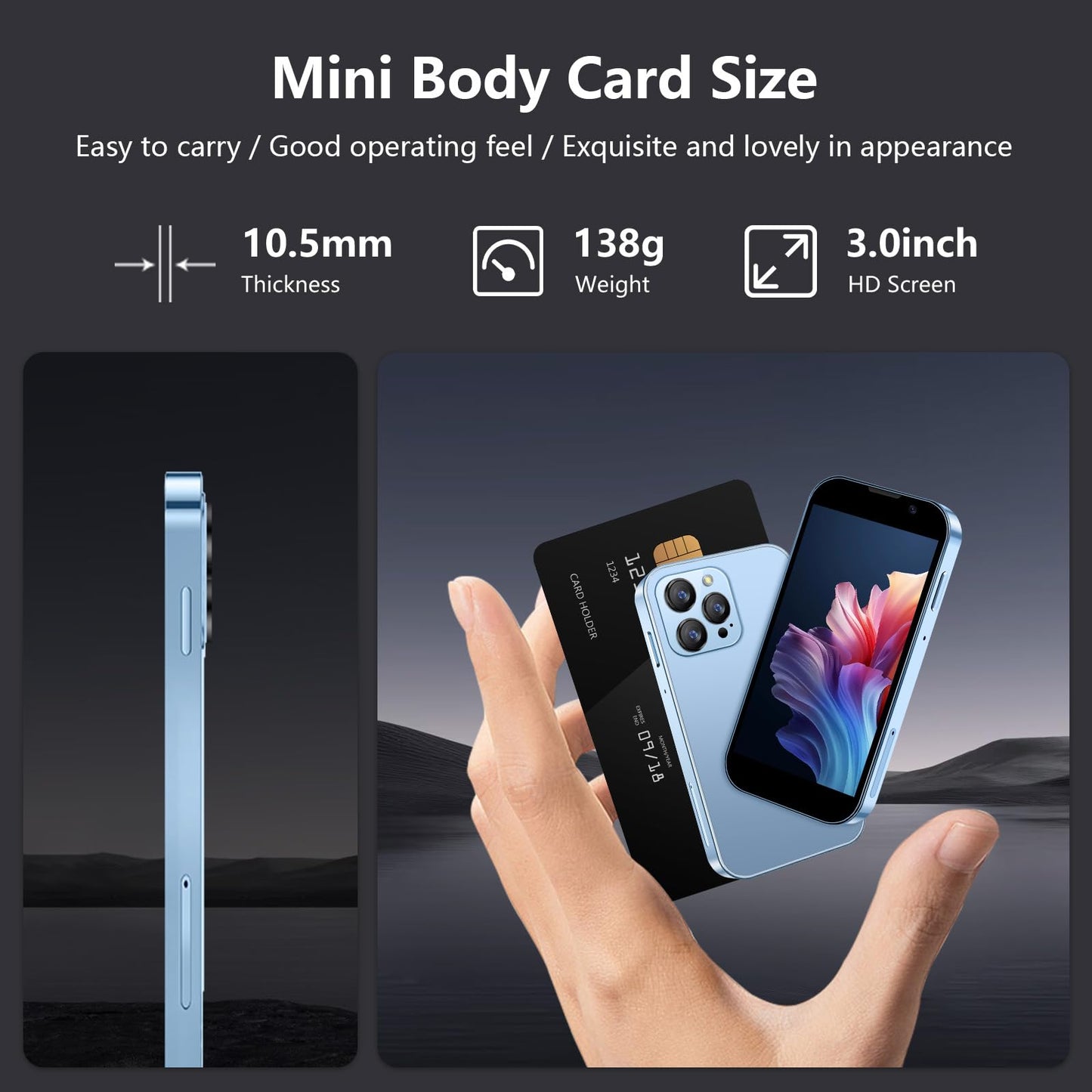 soyes Mini Phone World's Smallest 3.0" HD Touch Screen Mini Smartphone Unlocked Android Compact Mobile Phone for Kids &Students Cell Phone wih Quad-Core Dual SLM Face lD2GB+16GB Blue