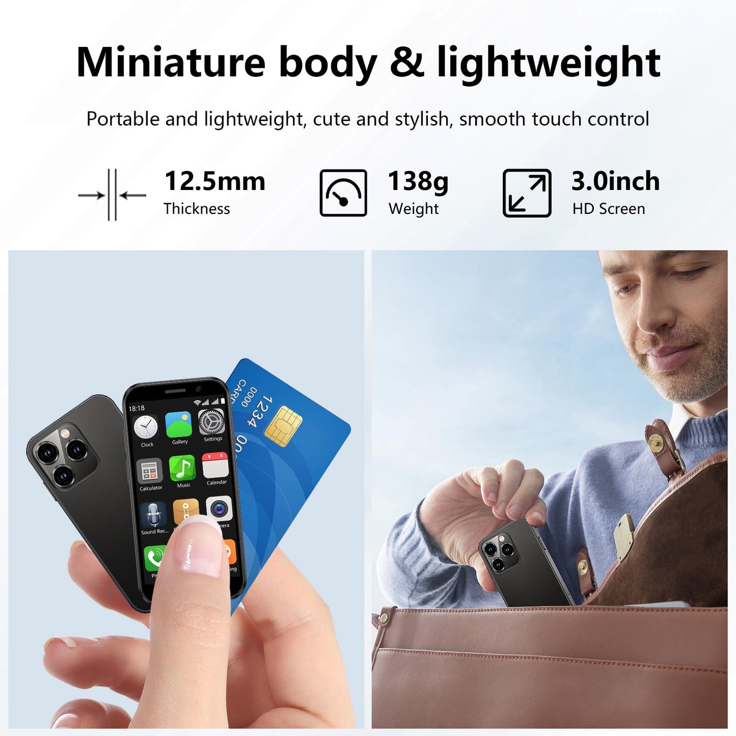 soyes Mini Phone World's Smallest 3.0" HD Touch Screen Mini Smartphone Unlocked Android Compact Mobile Phone for Kids &Students Cell Phone wih Quad-Core Dual SLM Face lD2GB+16GB Blue