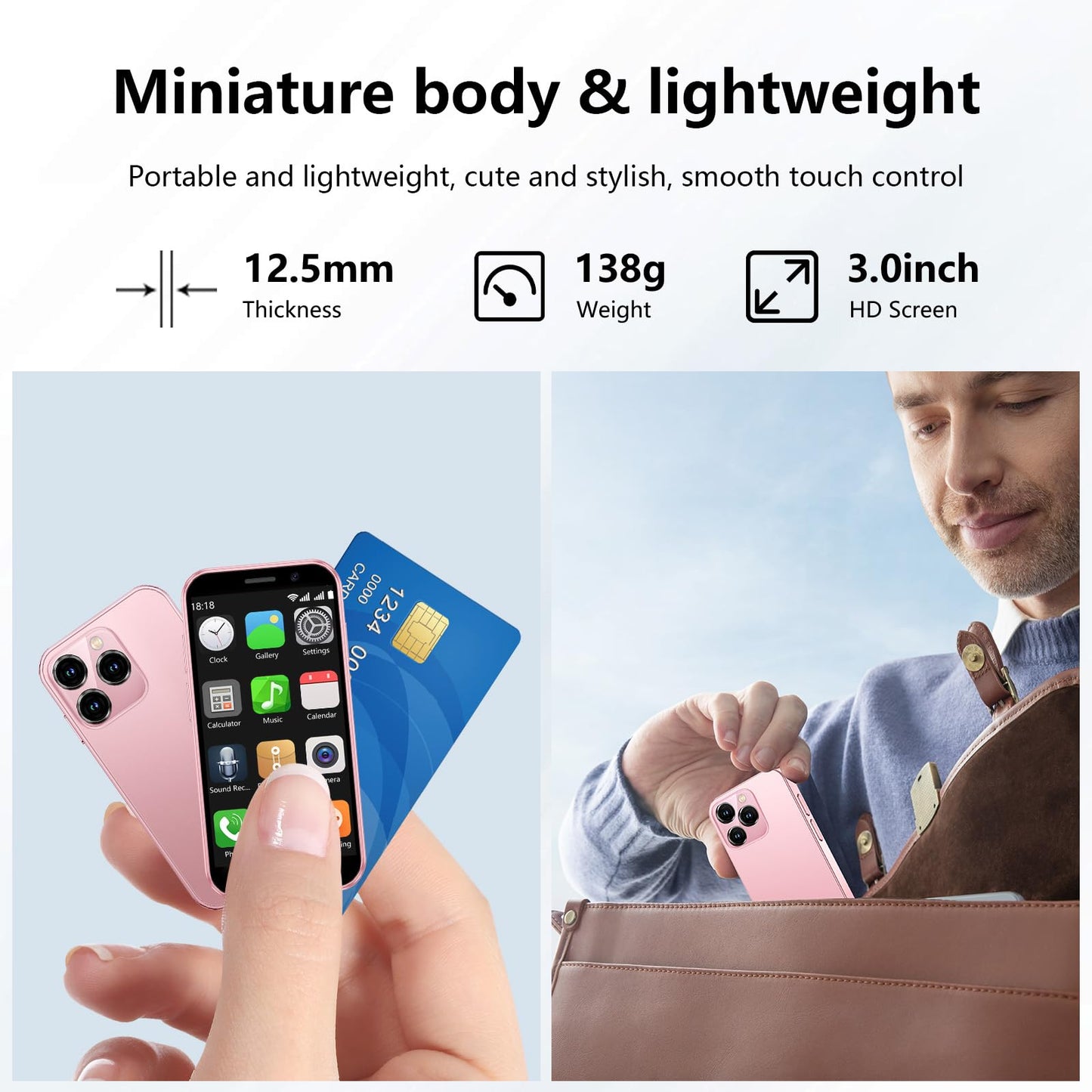 soyes Mini Phone World's Smallest 3.0" HD Touch Screen Mini Smartphone Unlocked Android Compact Mobile Phone for Kids &Students Cell Phone wih Quad-Core Dual SLM Face lD2GB+16GB Blue